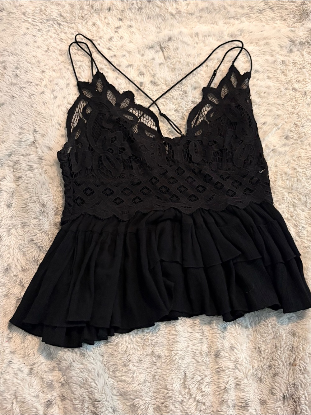 Delicate Black Lace Ruffle Camisole with Double Spaghetti Straps